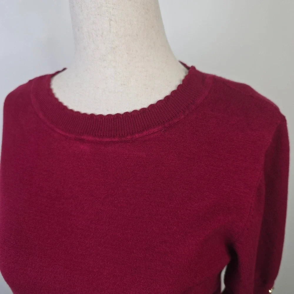 Anne Klein Womens Burgundy Short Sleeve Sweater Scalloped Neck Gold Buttons M
